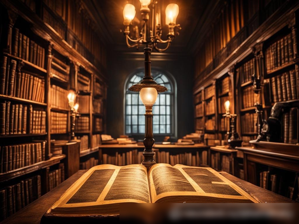Старая библиотека с высокими книжными полками, на переднем плане антикварный стол с открытой старинной книгой, освещённой настольной лампой - Пример 4