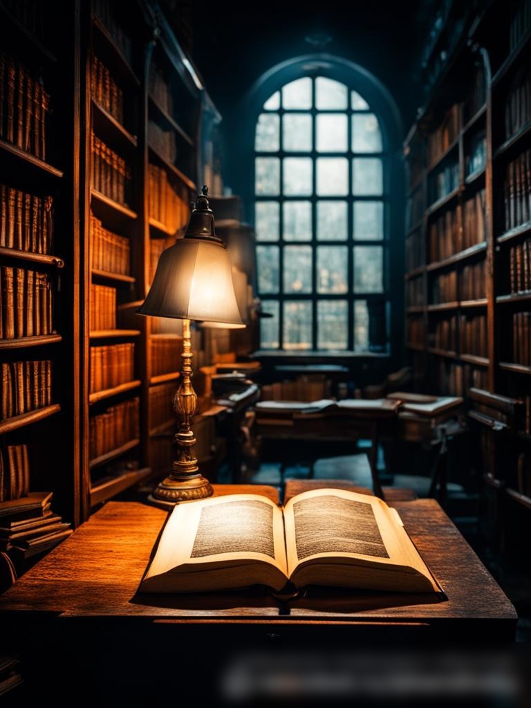 Старая библиотека с высокими книжными полками, на переднем плане антикварный стол с открытой старинной книгой, освещённой настольной лампой - Пример 5