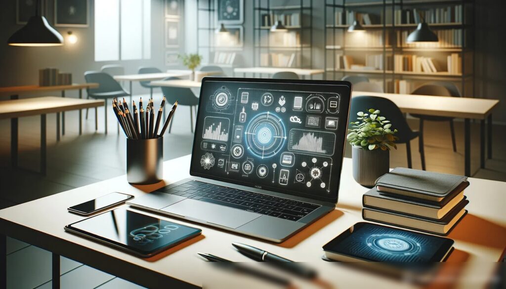 Среда цифрового обучения с современным ноутбуком на столе, окружённым цифровыми планшетами, смартфоном и умными гаджетами, вроде цифровой ручки и VR-гарнитуры - Пример 2