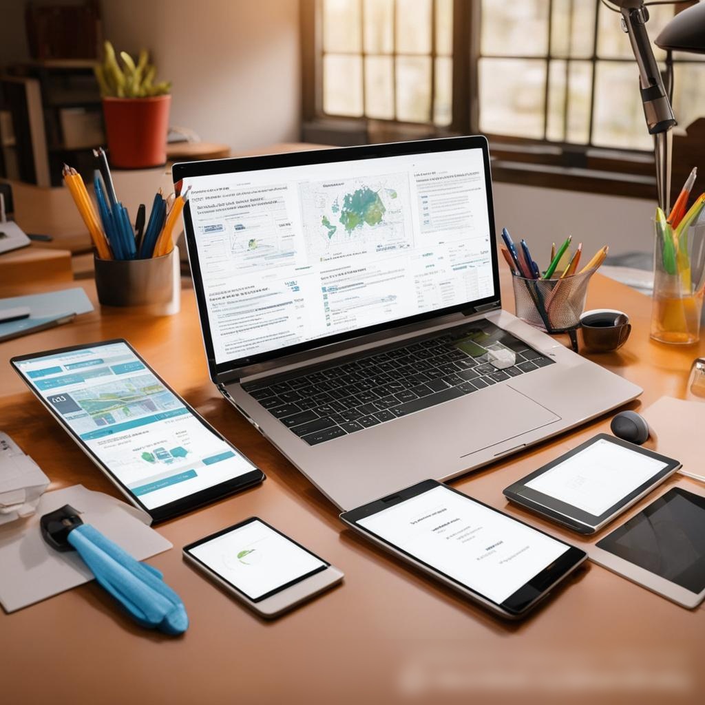 Среда цифрового обучения с современным ноутбуком на столе, окружённым цифровыми планшетами, смартфоном и умными гаджетами, вроде цифровой ручки и VR-гарнитуры - Пример 3