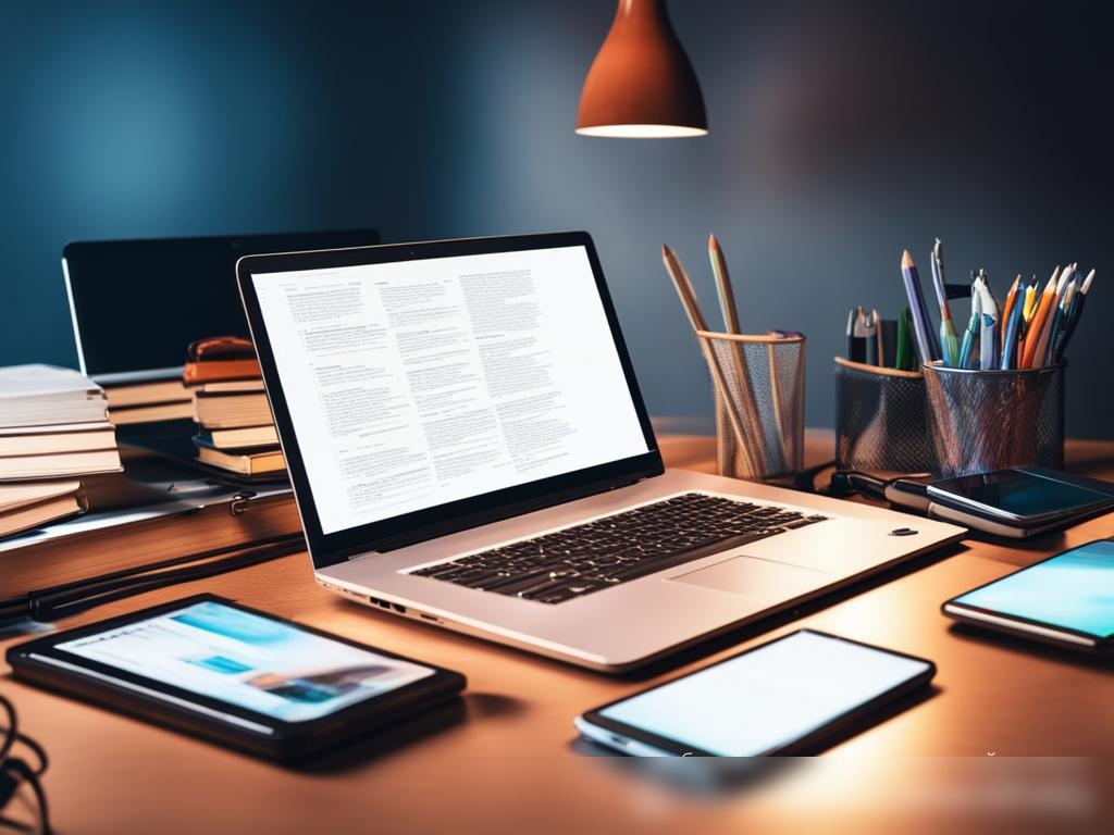 Среда цифрового обучения с современным ноутбуком на столе, окружённым цифровыми планшетами, смартфоном и умными гаджетами, вроде цифровой ручки и VR-гарнитуры - Пример 4