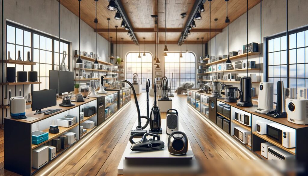 Панорамный вид электронного магазина, где представлен широкий ассортимент бытовой техники - Пример 1