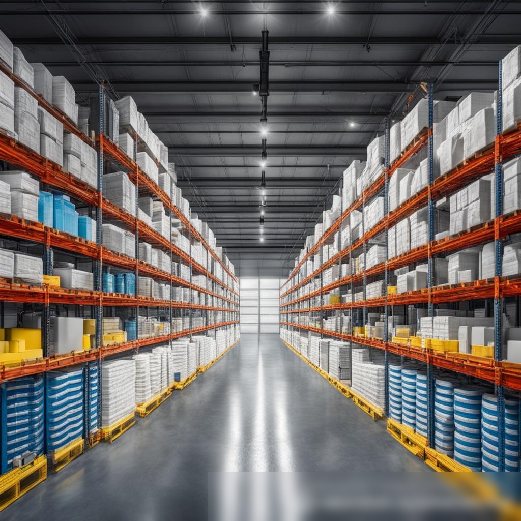 Изображение интерьера современного склада, освещенного яркими светодиодными лампами, с рядами металлических полок, плотно упакованных различными товарами для уборки дома - Пример 3
