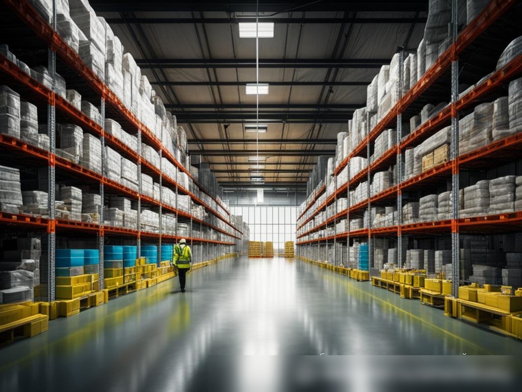 Изображение интерьера современного склада, освещенного яркими светодиодными лампами, с рядами металлических полок, плотно упакованных различными товарами для уборки дома - Пример 4