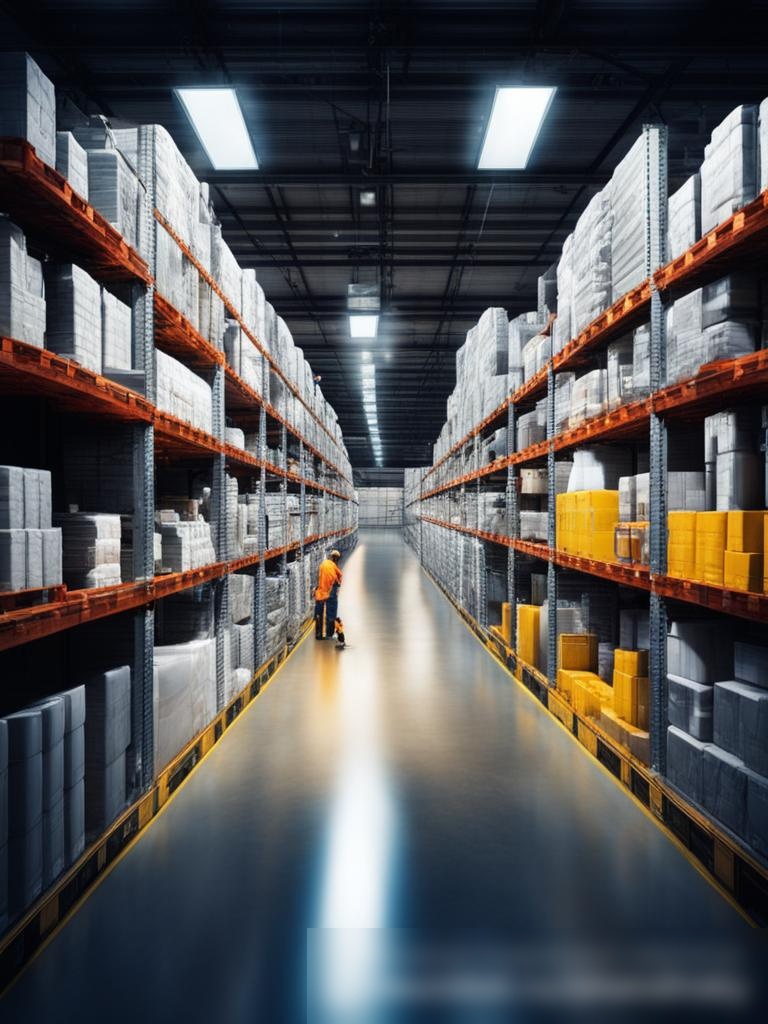 Изображение интерьера современного склада, освещенного яркими светодиодными лампами, с рядами металлических полок, плотно упакованных различными товарами для уборки дома - Пример 5
