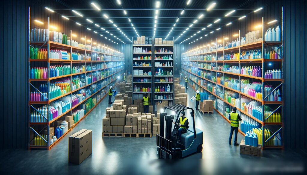 Изображение интерьера современного склада, освещенного яркими светодиодными лампами, с рядами металлических полок, плотно упакованных различными товарами для уборки дома - Пример 1