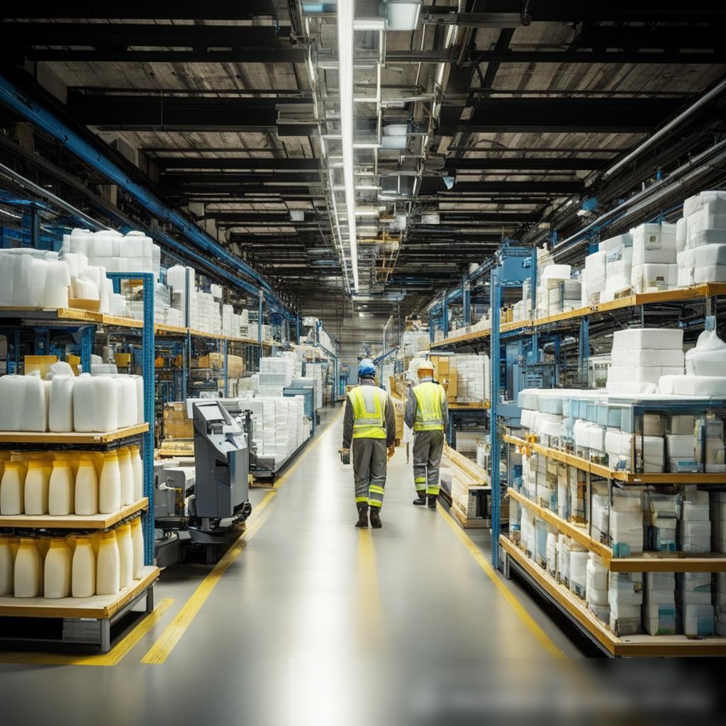 Изображение динамичного, ярко освещенного логистического центра, посвященного товарам для уборки дома - Пример 3