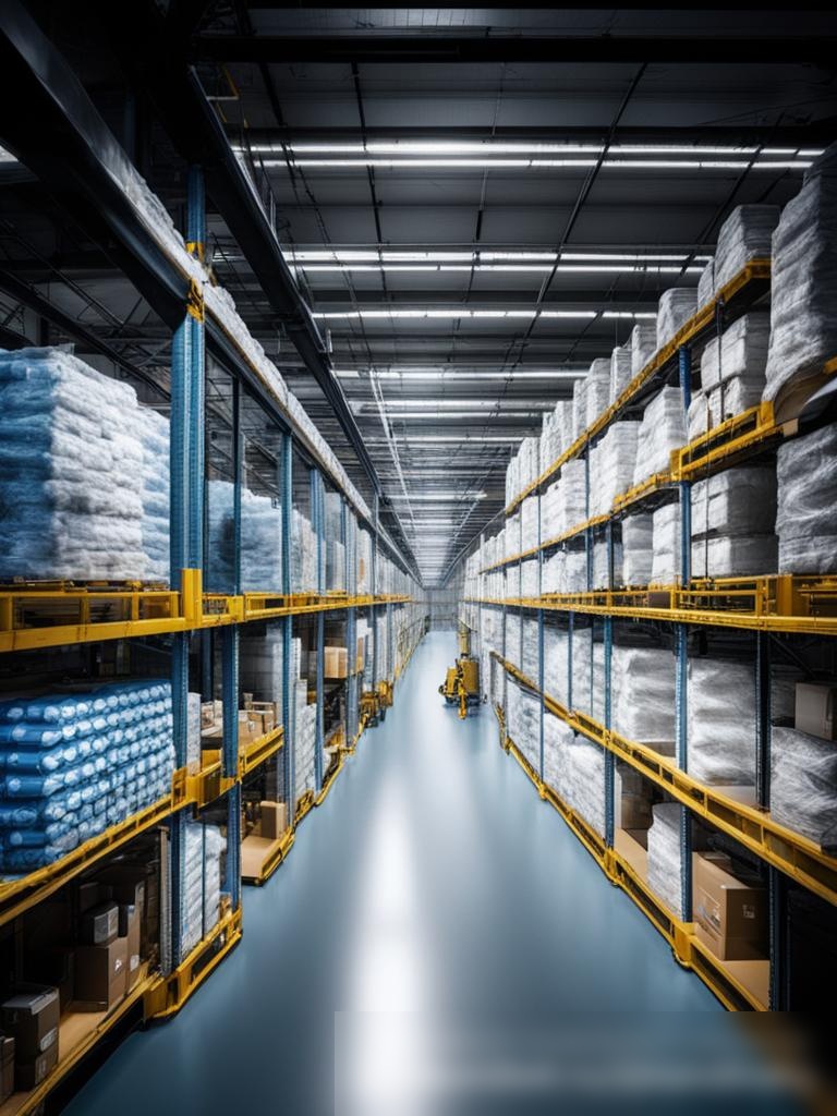 Изображение динамичного, ярко освещенного логистического центра, посвященного товарам для уборки дома - Пример 5