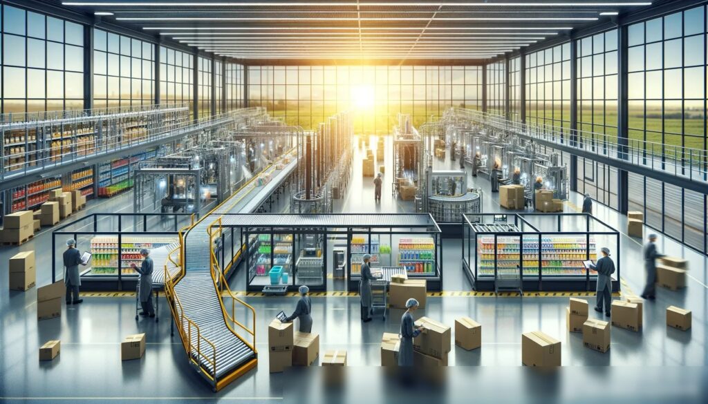 Изображение динамичного, ярко освещенного логистического центра, посвященного товарам для уборки дома - Пример 1