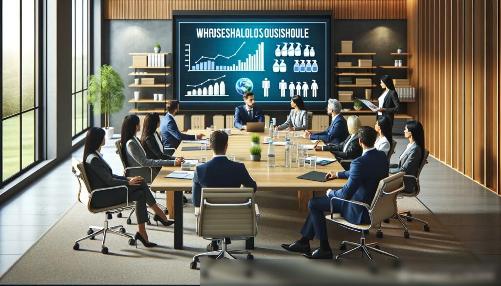 Изображение профессиональной встречи в современном офисе, где обсуждают оптовую продажу товаров для домашнего уборки - Пример 1