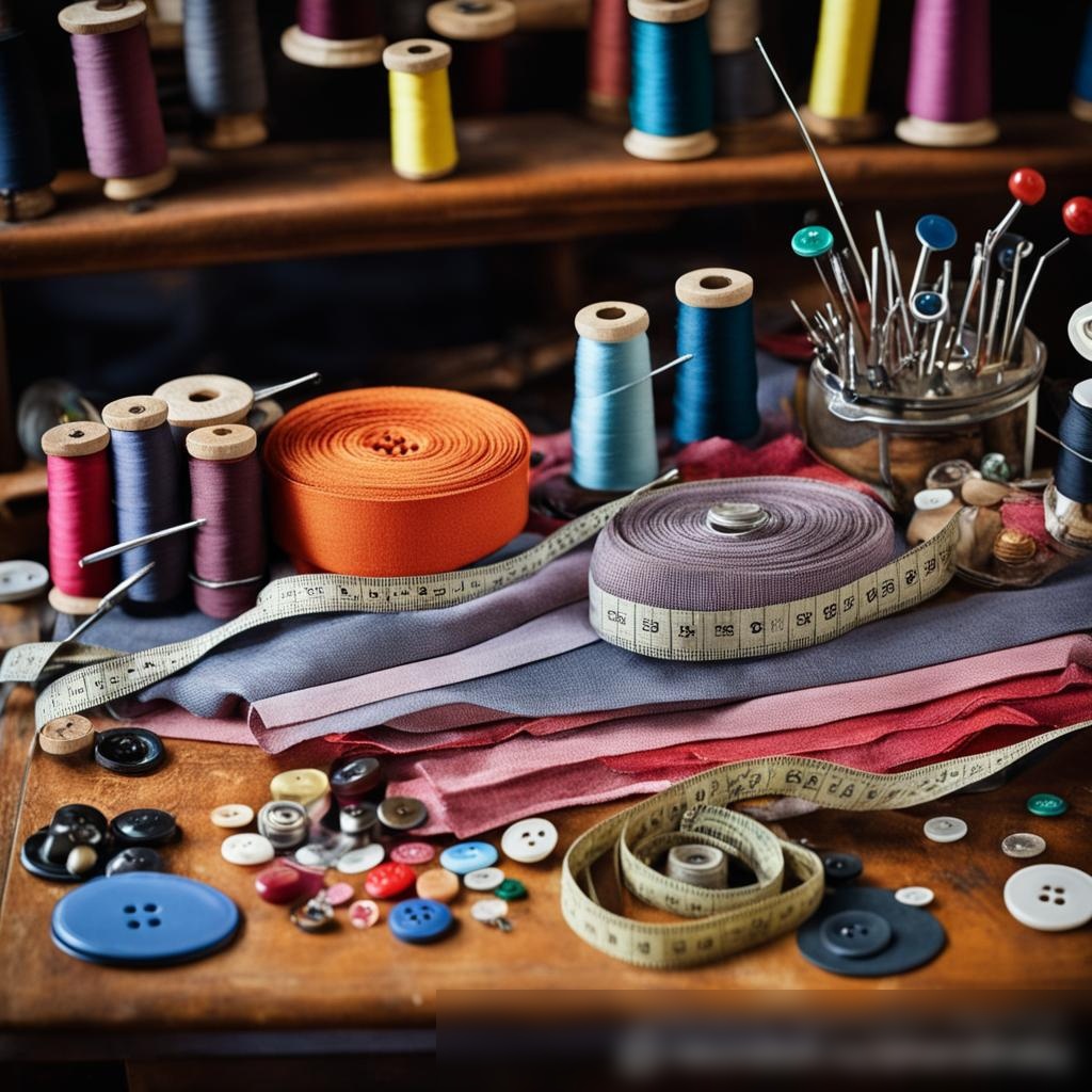Динамичный крупноплановый снимок рабочего стола портного с различными галантерейными товарами - Пример 3