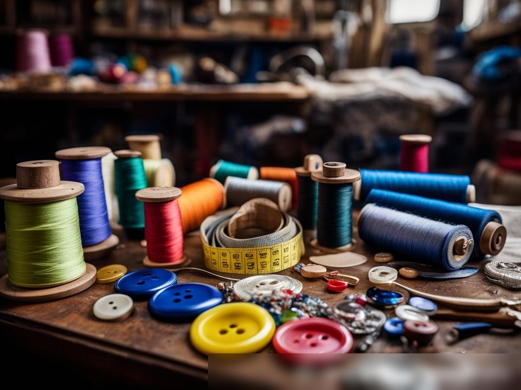 Динамичный крупноплановый снимок рабочего стола портного с различными галантерейными товарами - Пример 4