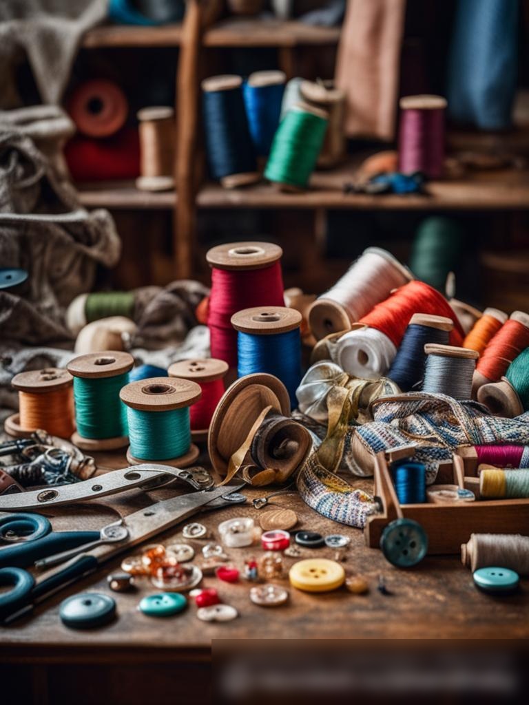 Динамичный крупноплановый снимок рабочего стола портного с различными галантерейными товарами - Пример 5
