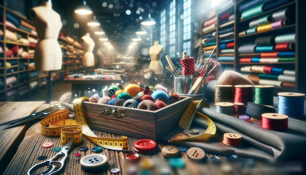 Динамичный крупноплановый снимок рабочего стола портного с различными галантерейными товарами - Пример 1