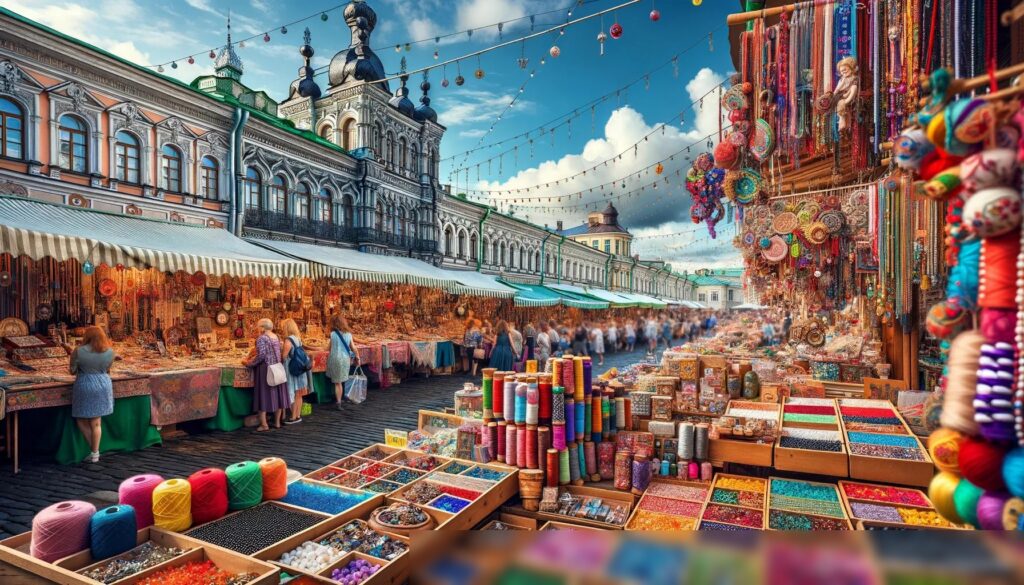 Яркая уличная ярмарка в живописном русском городке, посвященная галантерее и ремеслам - Пример 1