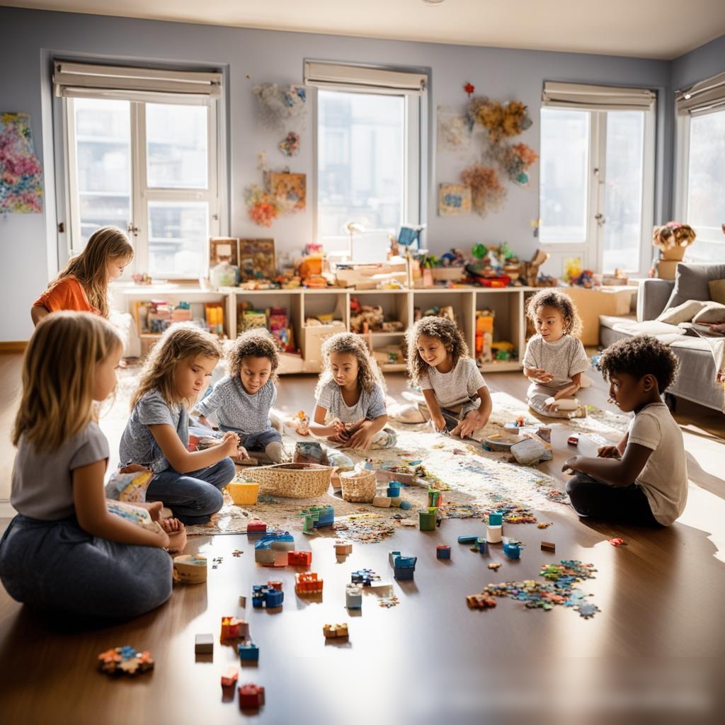 Изображение, демонстрирующее разнообразную группу детей в возрасте от 3 до 7 лет, играющих в просторной игровой комнате - Пример 3