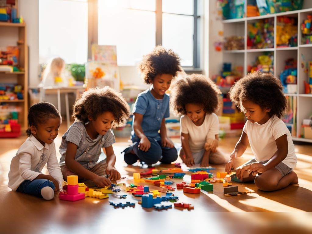 Изображение, демонстрирующее разнообразную группу детей в возрасте от 3 до 7 лет, играющих в просторной игровой комнате - Пример 4