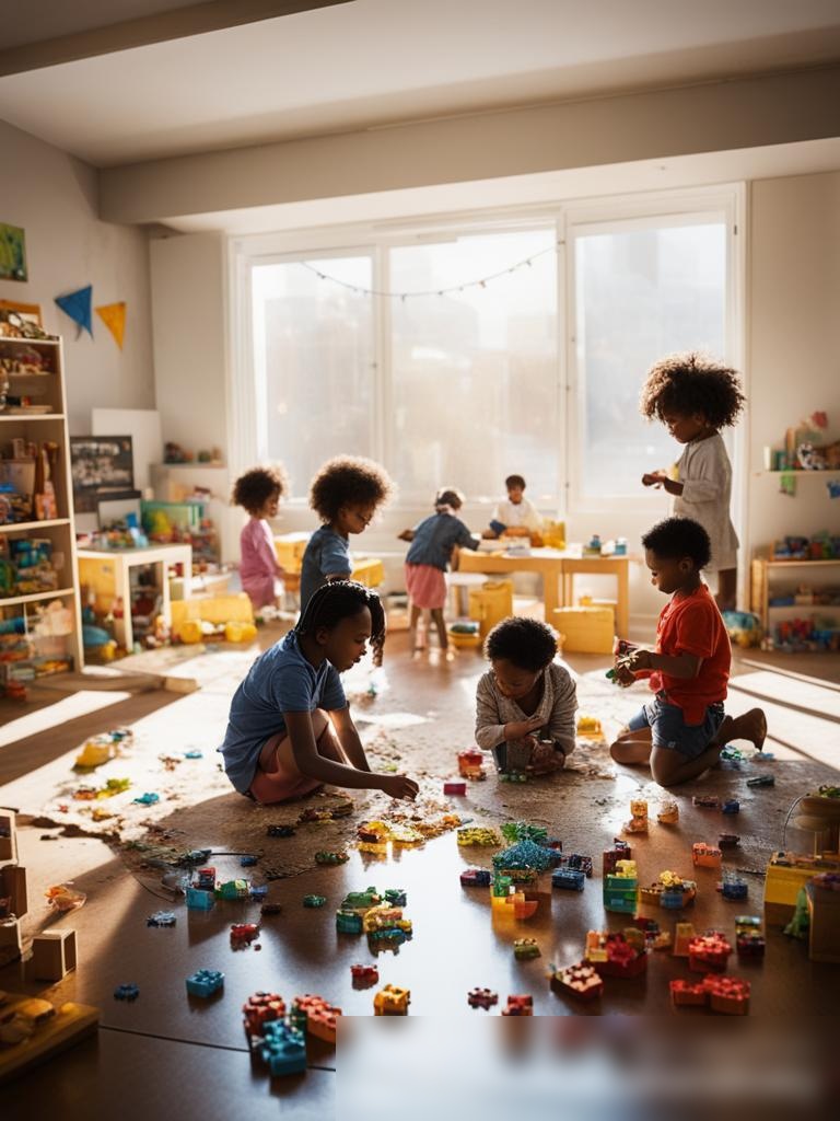 Изображение, демонстрирующее разнообразную группу детей в возрасте от 3 до 7 лет, играющих в просторной игровой комнате - Пример 5