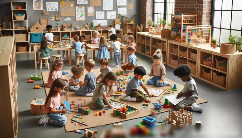 Изображение, демонстрирующее разнообразную группу детей в возрасте от 3 до 7 лет, играющих в просторной игровой комнате - Пример 1