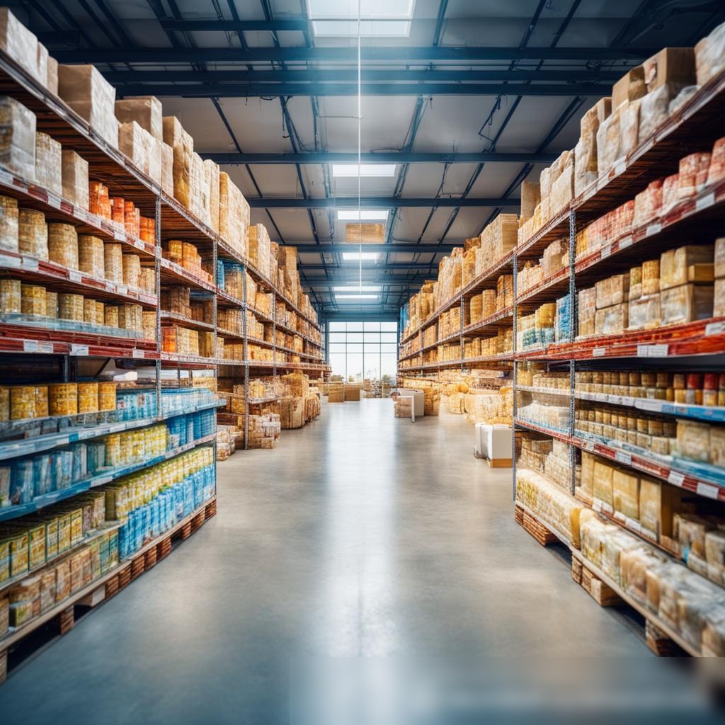 Широкоугольный вид на светлый и просторный склад с разнообразными детскими питаниями в яркой упаковке - Пример 1