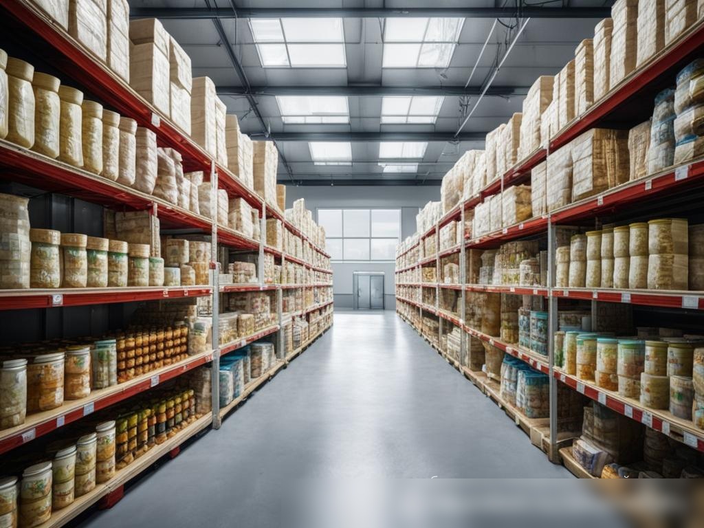 Широкоугольный вид на светлый и просторный склад с разнообразными детскими питаниями в яркой упаковке - Пример 2