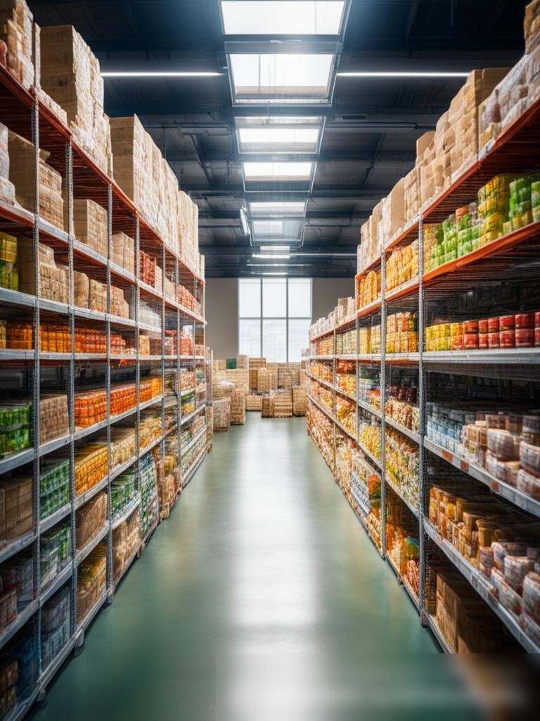 Широкоугольный вид на светлый и просторный склад с разнообразными детскими питаниями в яркой упаковке - Пример 3