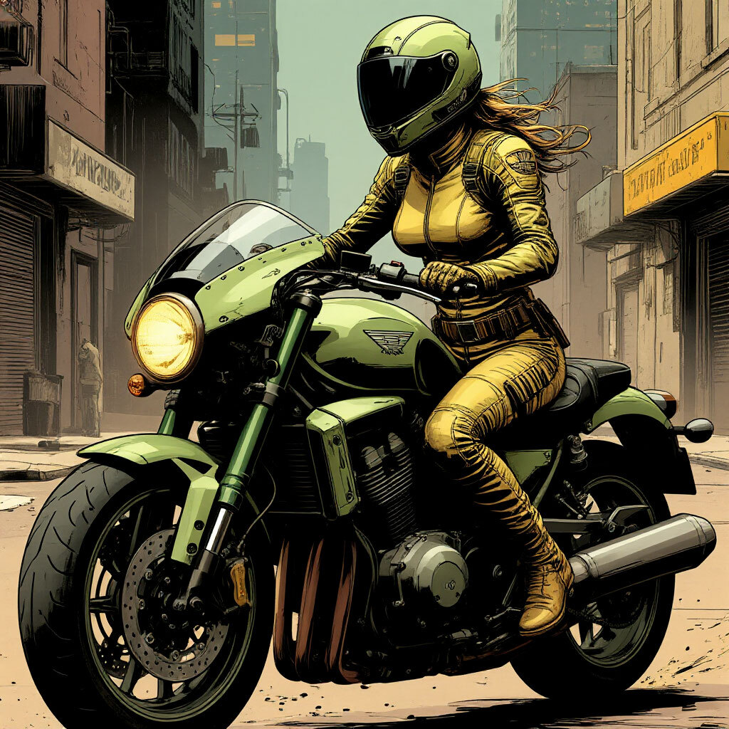 Промпт девушка на мотоцикле в стиле киберпанк - Пример 3