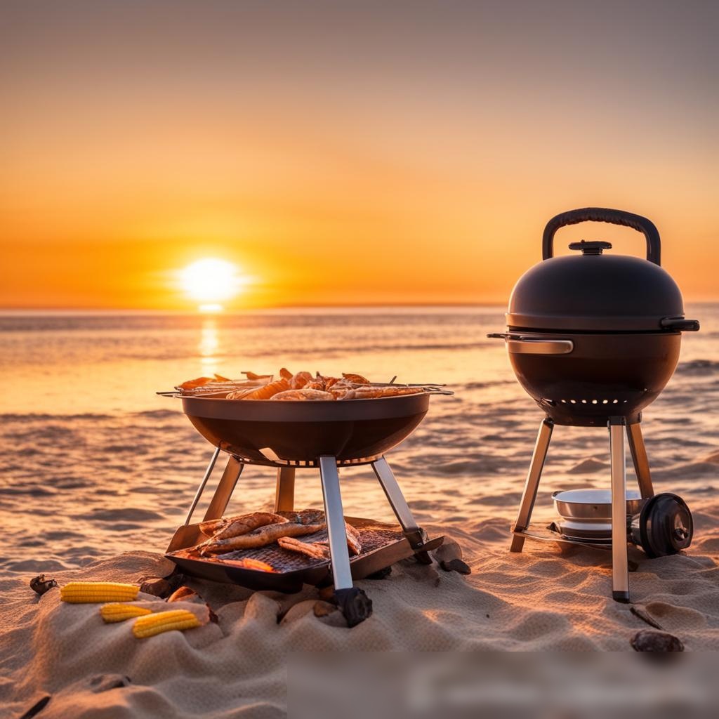 Пляжный пейзаж на закате с компактным грилем и простым мангалом из камня - Пример 3