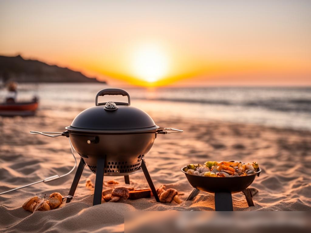 Пляжный пейзаж на закате с компактным грилем и простым мангалом из камня - Пример 4