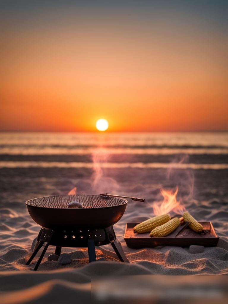 Пляжный пейзаж на закате с компактным грилем и простым мангалом из камня - Пример 5