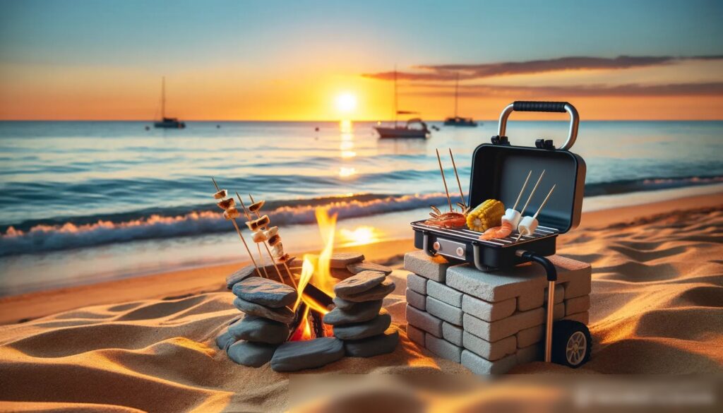 Пляжный пейзаж на закате с компактным грилем и простым мангалом из камня - Пример 1