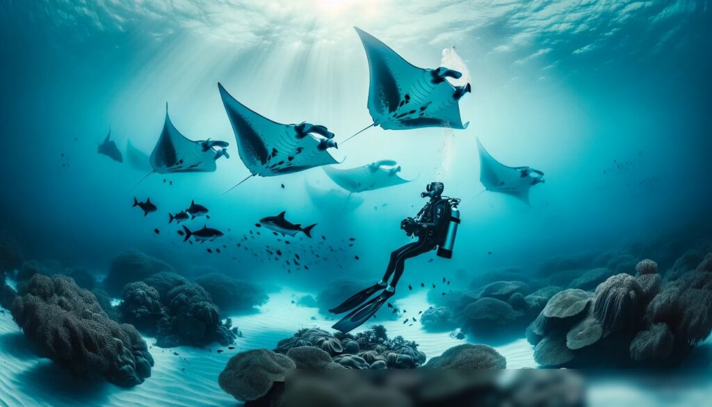 Водолаз среди стаи манта в подводном мире - Пример 2
