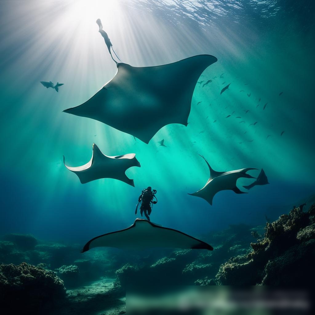 Водолаз среди стаи манта в подводном мире - Пример 3