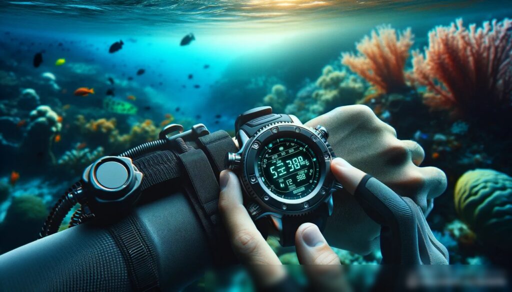 Крупный план руки водолаза, настраивающего цифровой дайв-компьютер - Пример 1