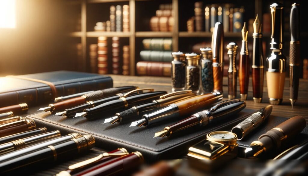 Элегантный набор письменных принадлежностей на темном деревянном фоне: Скачать изображение - Пример 2