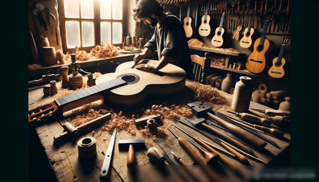 Рабочая мастерская лютнера, где создается классическая гитара - Пример 1