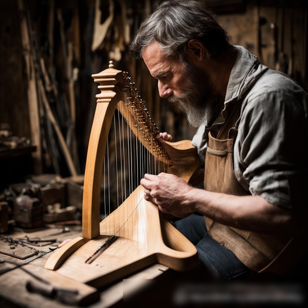 Ремесленник, нанизывающий струны на ручную арфу в своей мастерской - Пример 3