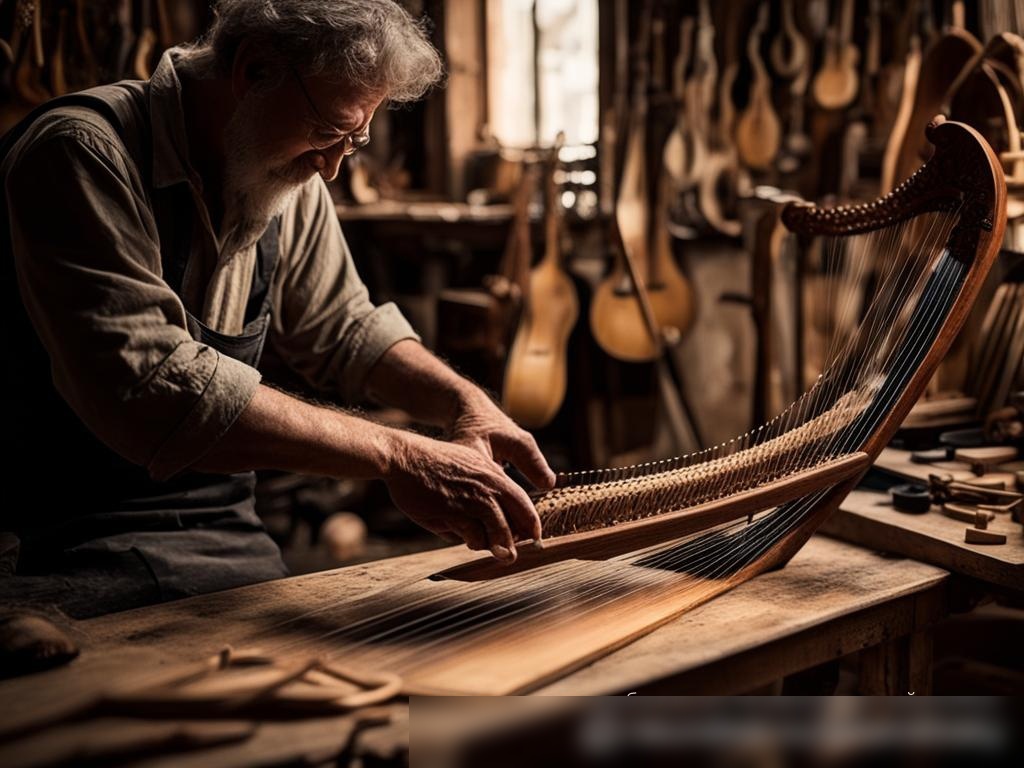 Ремесленник, нанизывающий струны на ручную арфу в своей мастерской - Пример 4