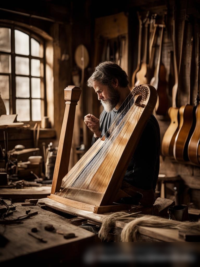 Ремесленник, нанизывающий струны на ручную арфу в своей мастерской - Пример 5