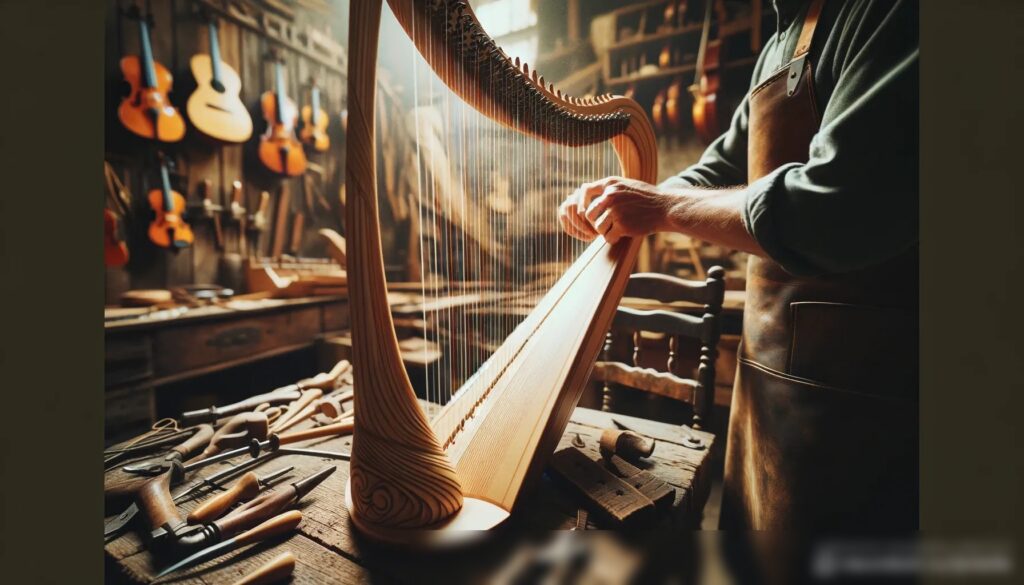 Ремесленник, нанизывающий струны на ручную арфу в своей мастерской - Пример 1