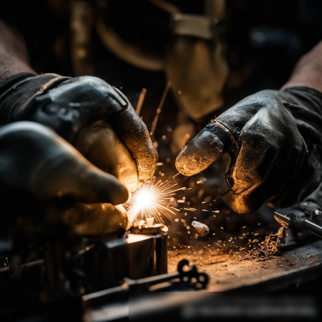 Крупный план рук рабочего — в перчатках, ремонтирующего сложный металлический компонент - Пример 3