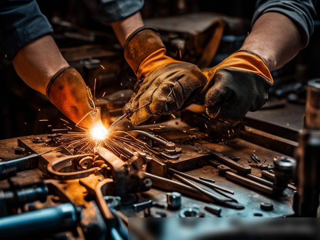 Крупный план рук рабочего — в перчатках, ремонтирующего сложный металлический компонент - Пример 4