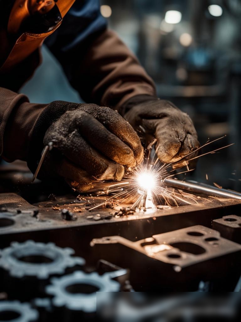 Крупный план рук рабочего — в перчатках, ремонтирующего сложный металлический компонент - Пример 5