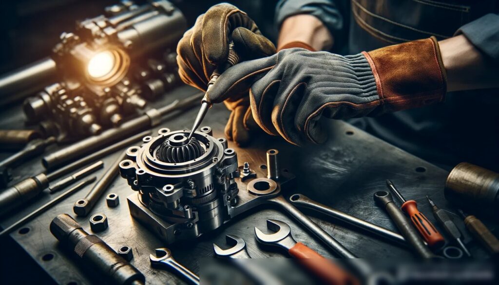 Крупный план рук рабочего — в перчатках, ремонтирующего сложный металлический компонент - Пример 1