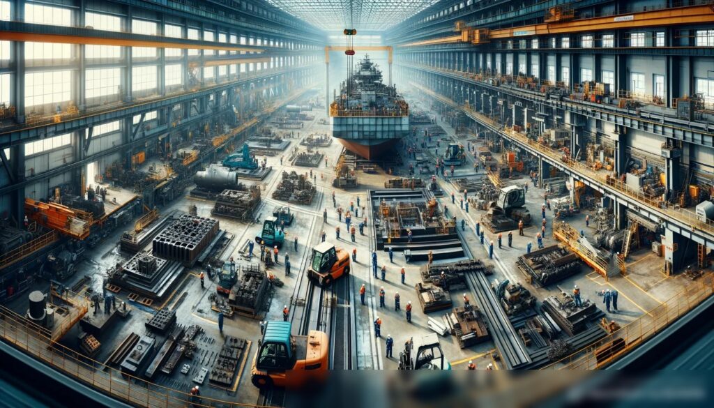 Панорамный вид на крупное промышленное предприятие по ремонту металла — с изображением множества рабочих, оборудования и металлических конструкций - Пример 2