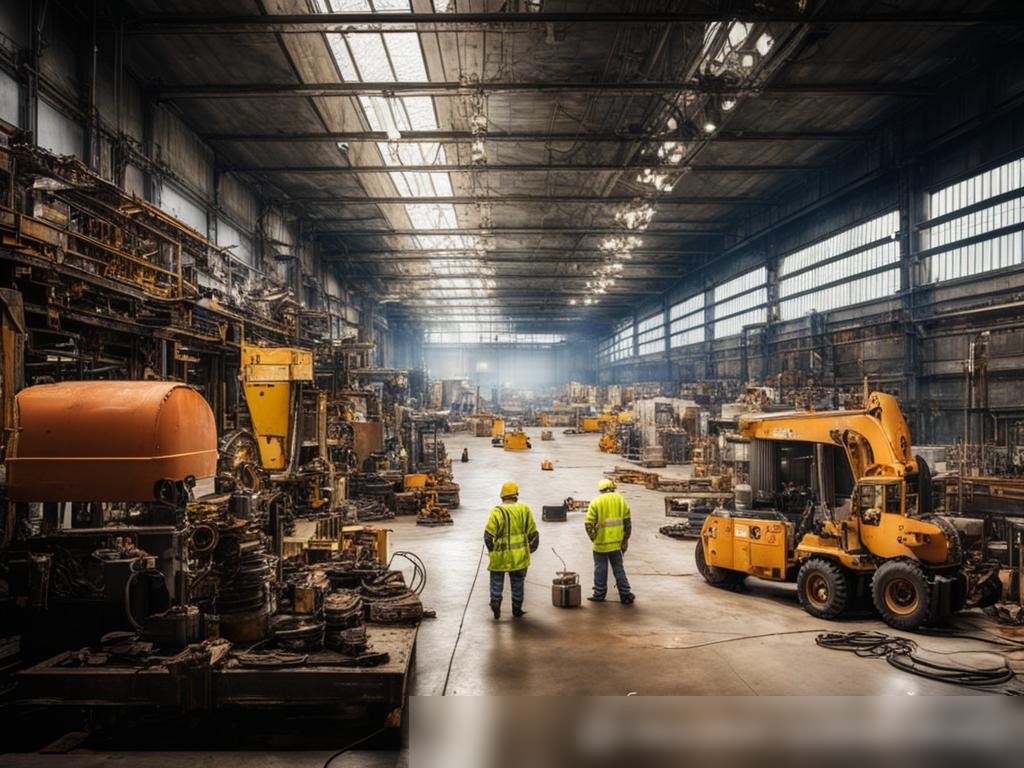 Панорамный вид на крупное промышленное предприятие по ремонту металла — с изображением множества рабочих, оборудования и металлических конструкций - Пример 4