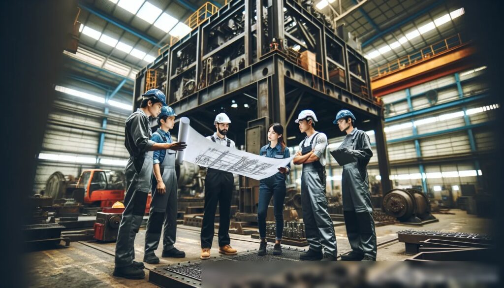 Команда профессионалов по ремонту металла — обсуждение чертежа на фоне большой металлической конструкции - Пример 2