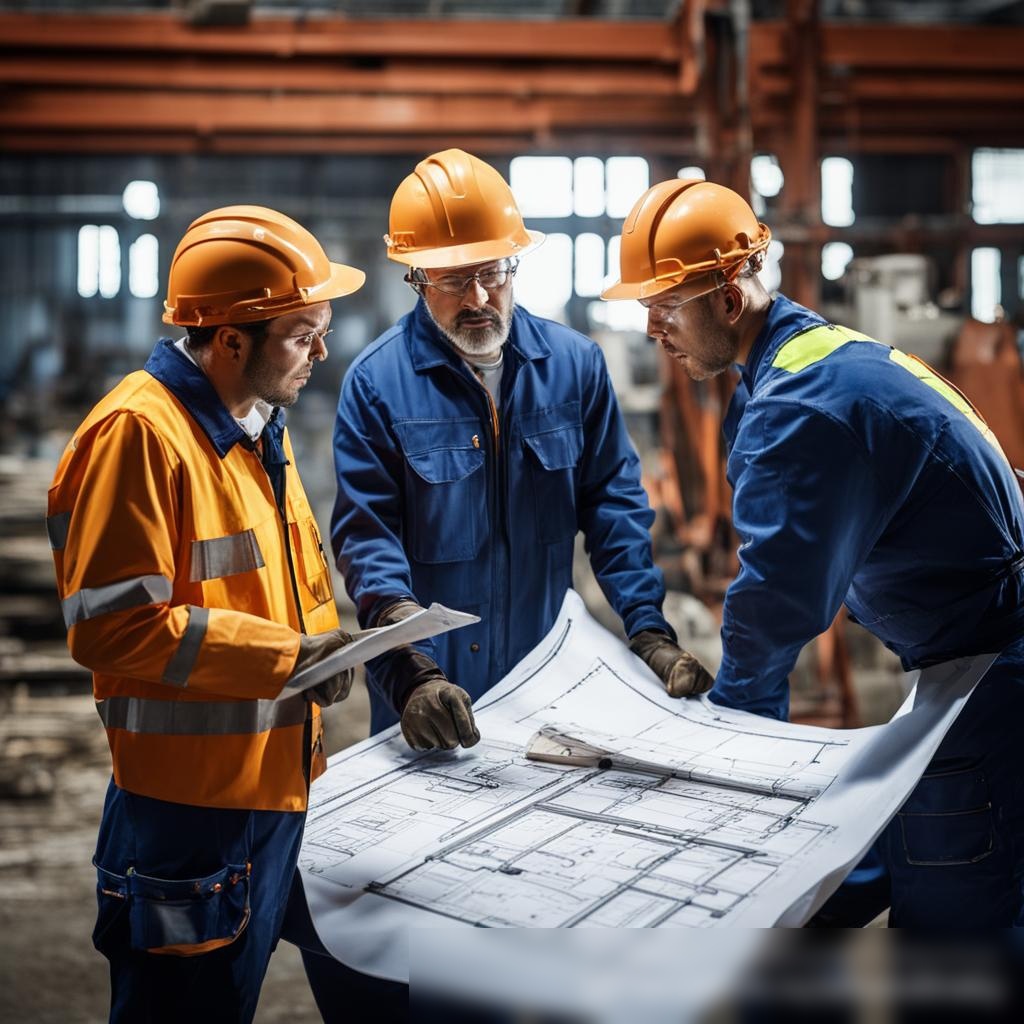 Команда профессионалов по ремонту металла — обсуждение чертежа на фоне большой металлической конструкции - Пример 3