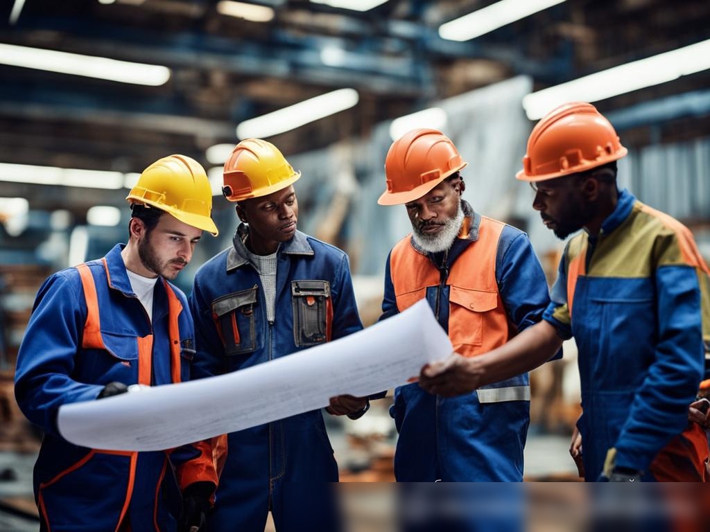 Команда профессионалов по ремонту металла — обсуждение чертежа на фоне большой металлической конструкции - Пример 4