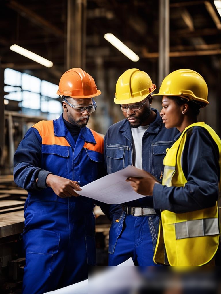 Команда профессионалов по ремонту металла — обсуждение чертежа на фоне большой металлической конструкции - Пример 5